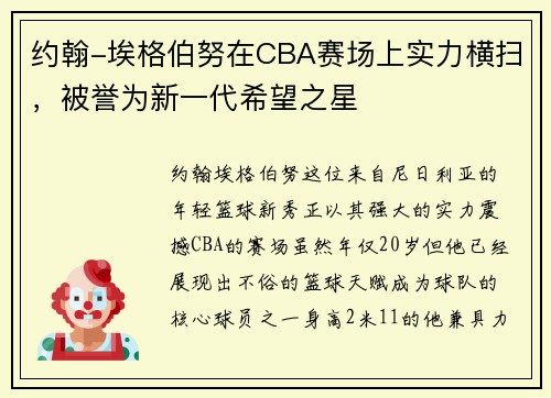 约翰-埃格伯努在CBA赛场上实力横扫，被誉为新一代希望之星