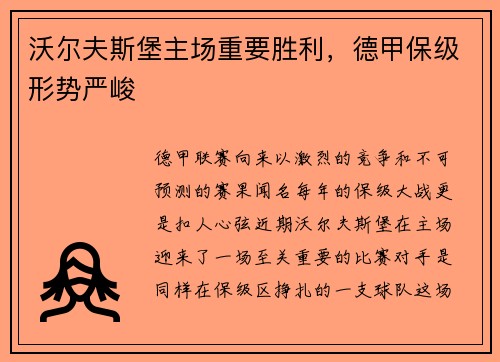 沃尔夫斯堡主场重要胜利，德甲保级形势严峻