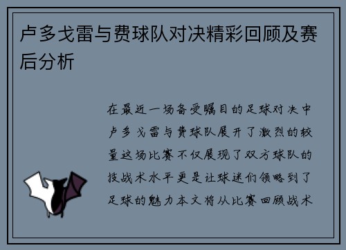 卢多戈雷与费球队对决精彩回顾及赛后分析