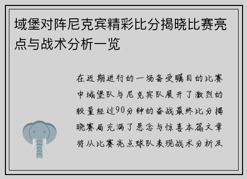 域堡对阵尼克宾精彩比分揭晓比赛亮点与战术分析一览