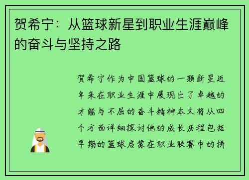 贺希宁：从篮球新星到职业生涯巅峰的奋斗与坚持之路