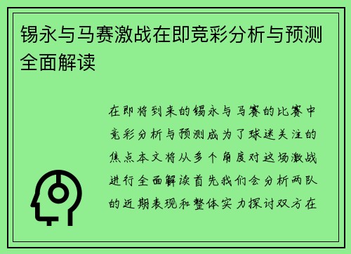 锡永与马赛激战在即竞彩分析与预测全面解读