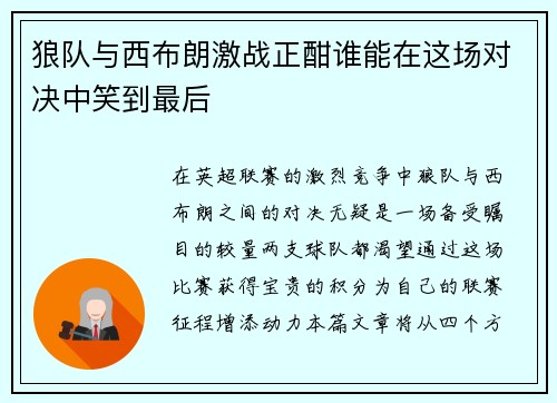 狼队与西布朗激战正酣谁能在这场对决中笑到最后