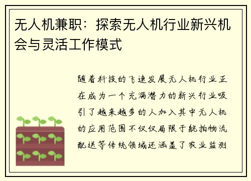 无人机兼职：探索无人机行业新兴机会与灵活工作模式