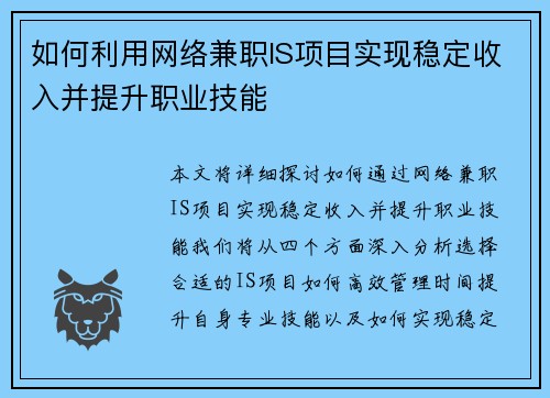 如何利用网络兼职IS项目实现稳定收入并提升职业技能