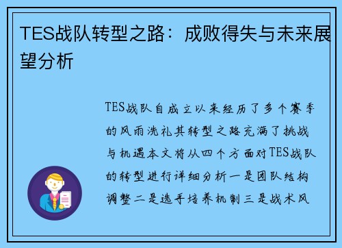TES战队转型之路：成败得失与未来展望分析